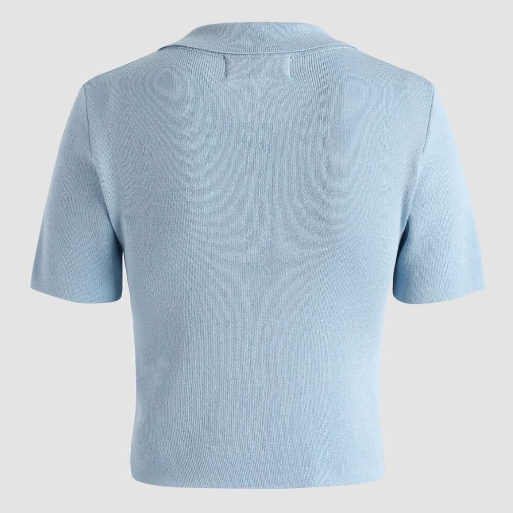 Cider Retro Pale Blue Collar Flowery Crop Embroidery Polo Top - Picture 8 of 10